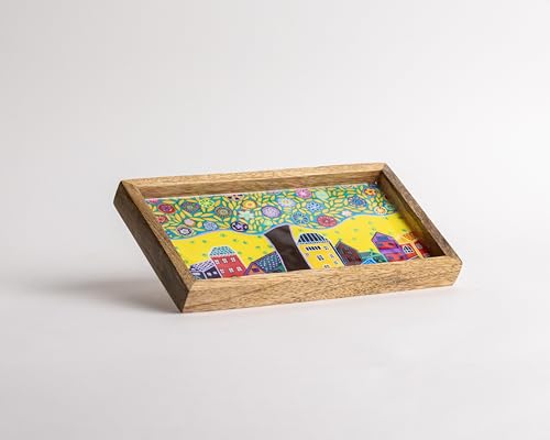 Image of Wooden Designer Rectangular Serving Tray - 10 x 5 x 1Inch| Premium Mango Wood Decorative |Eco-Friendly Non-Toxic Multipurpose Serving Tray for Tea, Coffee, Snacks, Kitchen & Gifting(Yellow)