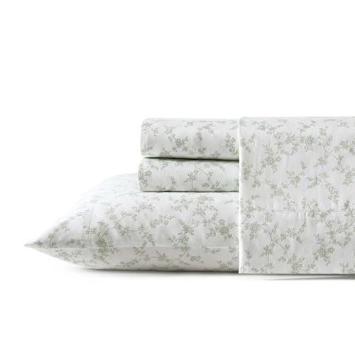 Image of Laura Ashley - Queen Size Sheet Set, Soft Cotton Sateen Bedding with Matching Pillowcases, Fully Elastic Fitted Sheet, Deep Pocket, Floral Room Decor, Silky Smooth All-Season Comfort (Fiona Green)
