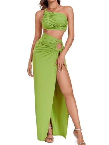 2-Piece High Slit Skirt Sets, Sexy Cutout Floor-Length Dress, One-Shoulder Backless, Vacation Outfits for Women