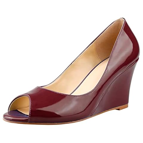 Lutalica W Women's Stylish Patent Leather Solid Color/Two-Tone Comfort Slip On Medium High Heel Peep Toe Wedge Pumps Shoes Burgundy Size 38 Cover