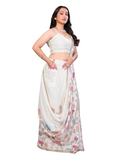 Image of SAMANTHA Black Floral Print Ready to Wear Linen Saree with Pocket & Adjustable Belt