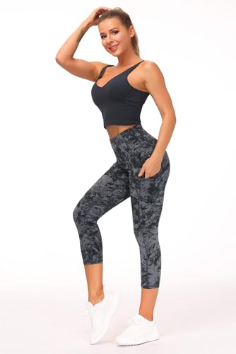 Image of THE GYM PEOPLE Thick High Waist Capris Yoga Pants with Pockets, Tummy Control Workout Running Yoga Leggings for Women