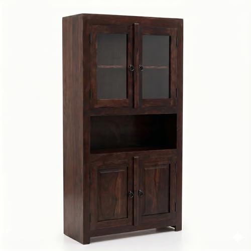 Image of SONA Art & Crafts Wood Crockery Cabinet with Glass Door | Wooden Book Shelf Cabinet with Storage Rack for Home & Office Living Room (Walnut Brown)