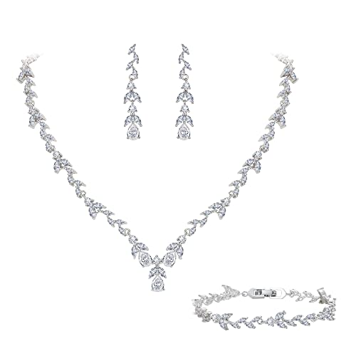 EVER FAITH Bridal Jewelry Set for Women Bride, Elegant Leaf Marquise Teardrop Cubic Zirconia Y-Shape Necklace Dangle Earrings Bracelet for Wedding Banquet Party