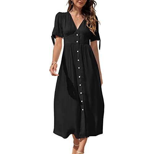Elegante vestido maxi de botão frontal feminino manga curta bainha dividida Flowy A-Line boho matern