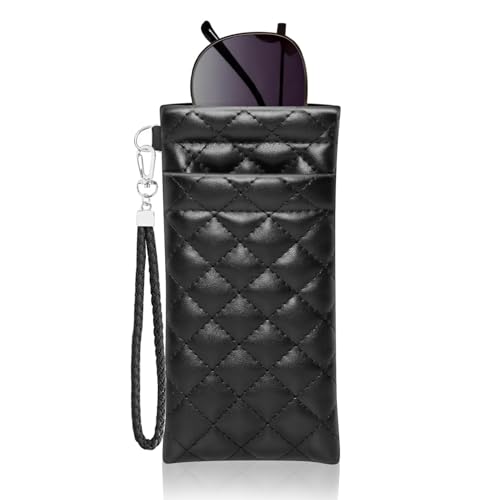 Image of Double Eyeglass Case Squeeze Top Glasses Pouch, Leather Soft Sunglasses Case with Carrying Strap