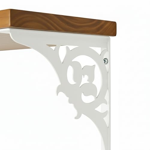 Image of Wall Shelf with Wooden Top Black|White Iron Brackets Storage Rack|Industrial Wall-Mounted Floating Shelf for Living Room,Kitchen,Bathroom (White Single Floral Large)