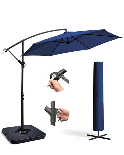 KEPLIN 3M Cantilever Garden Parasol with 4pc Fillable Base Set 6 Ribs 180GSM UV Resistant Water Repellent Umbrella - Crank Handle Heavy Duty Outdoor Patio Shade with Cover & 4pc Fillable Base