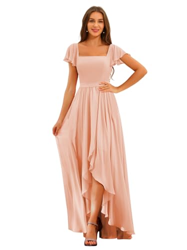 Flutter Sleeve Bridesmaid Dresses with Slit Long Square Neck Ruffles Chiffon Evening Gowns with Pocket LO0403