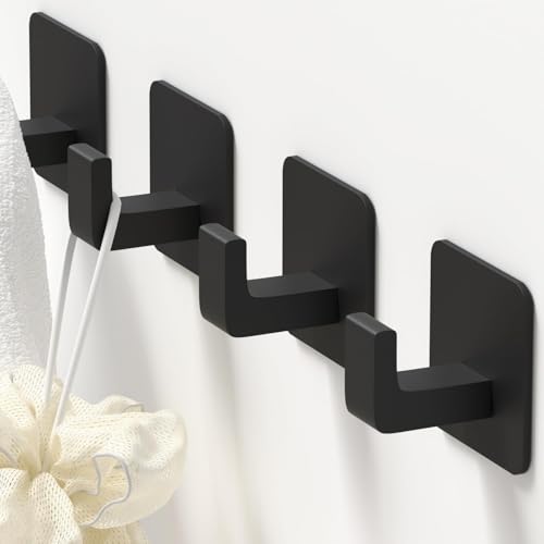 GWAAZXGZ Square Self Adhesive Towel Hooks - 4 Pack Matte Black Metal Hooks, Right-Angle Design for Towels, Robes & Hats, Organize Bathroom, Kitchen, Entryway, Doors, Cabinets on Smooth Surfaces