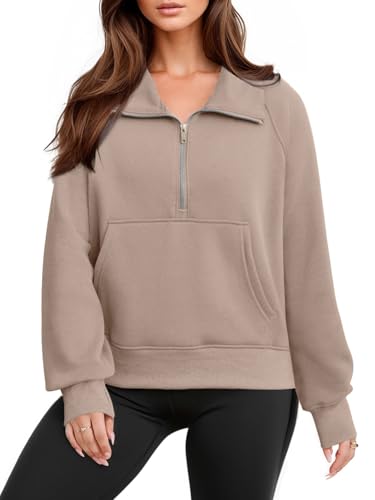 Glamaker Womens Quarter Zip Pullover Preppy Sweatshirts Fall 2024 Trendy Top Long Sleeve Clothing With Pockets (Coffee Grey,Medium)