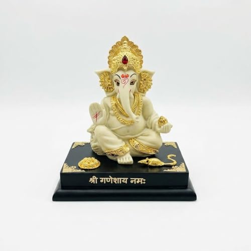 Image of Ganesha Idol for Home Decor | 4 Inch Golden Ganpati Murti with Stone Work | Resin Ganesh Ji Idol for Car Dashboard, Office Desk & Pooja Room | Vastu Decorative Statue (190g)