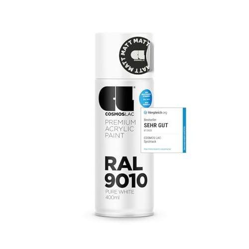 COSMOS LAC Sprühlack weiß, matt - Spraydosen Sprühfarbe DIY Lack Acryllack Spray Farbspray Sprühdose Lackspray Farbe für Kunststoff, Metall, uvm. (RAL 9010 - reinweiß matt)