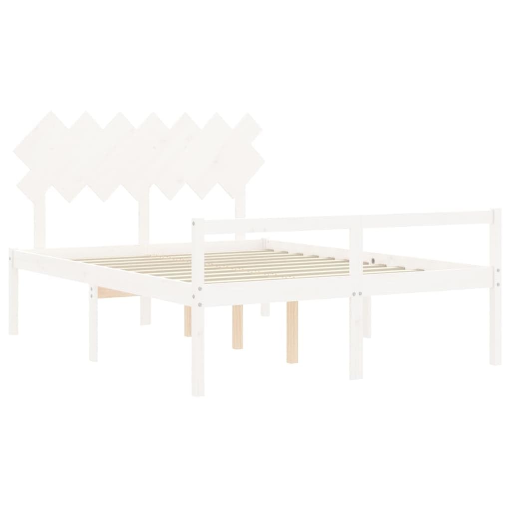 Seniorenbett aus massivem Kiefernholz 140x190 cm Weiß mit Kopfteil und Stauraum, seniorengerechtes Bettgestell mit Lattenrost für Schlafzimmer und Gästezimmer