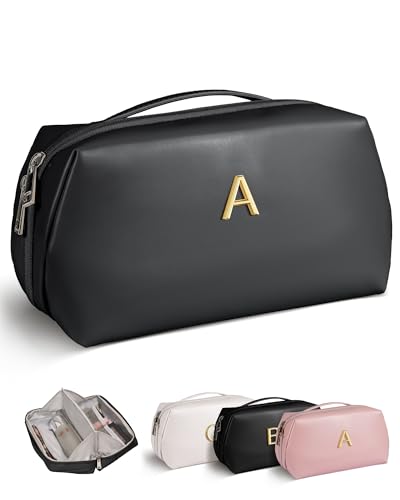 VFMBL Regalos para mujeres, bolsa de maquillaje grande con múltiples compartimentos, bolsa de aseo de viaje impermeable con inicial, Negro -, A
