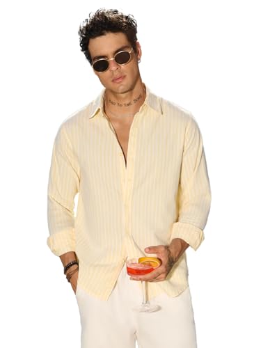 Image of The Souled Store: Amber Men and Boys Long Sleeve Spread Collar Light Yellow Striped Lightweight Easy to Style Everyday Office Wear Cotton Regular Casual Cotton Shirt