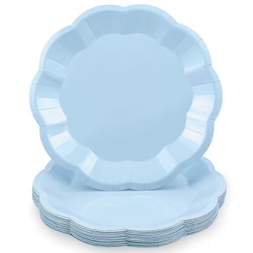 Image of NatNarr 30 Pcs Light Blue Paper Plates 9 Inch Scalloped Dinner Plates | Dinner Plate Disposable Summer Party Plate for Wedding, Boy Baby Shower, Birthday, Party