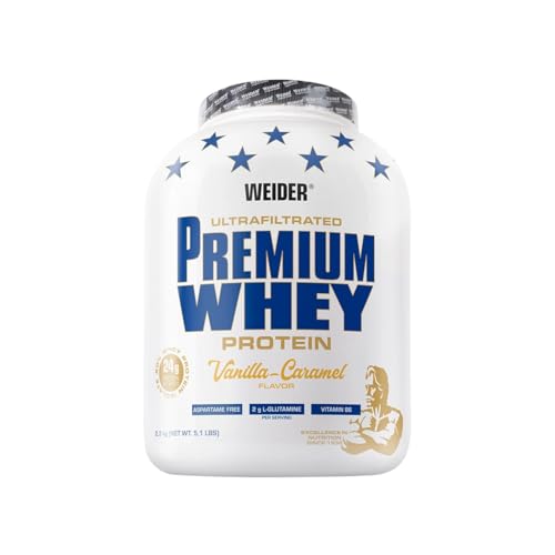 Weider Premium Whey Protein Pulver - Hoher Proteingehalt, wenig Kohlenhydrate & wenig Fett mit L-Glutamin und Vitamin B6-2,3kg - Vanilla-Karamell