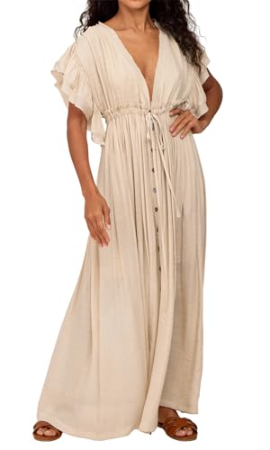 Image of R.Vivimos Maxi Dresses for Women 2026 Summer Short Sleeve V Neck Drawstring Tie Boho Loose Flowy Long Dresses with Pockets