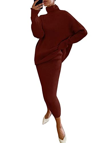 Image of chouyatou Women's Chunky 2 Piece Outfits Turtleneck Knit Sweater and Maxi Bodycon Skirt Sets