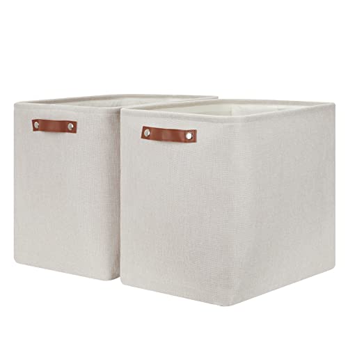 Hnzige Collapsible Canvas Linen Storage Basket, Set Of 2, Large Fabric Cloth Baskets, Rectangular Shelf Baskets With Leather Handles, Organizing Storage Baskets For Storage Closet, Home, Office(Gream) #TOP18