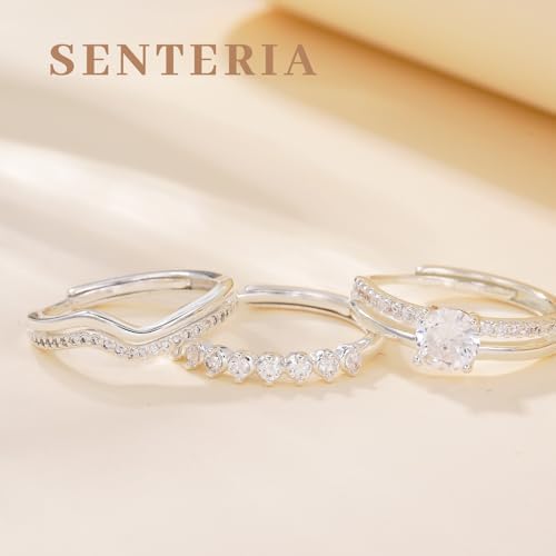 Senteria 3Pcs Silver Rings for Women,Sterling Silver Ring Adjustable Shiny Cubic Zirconia Thumb Rings for Women Stacking Rings Statement Ring Set for Women
