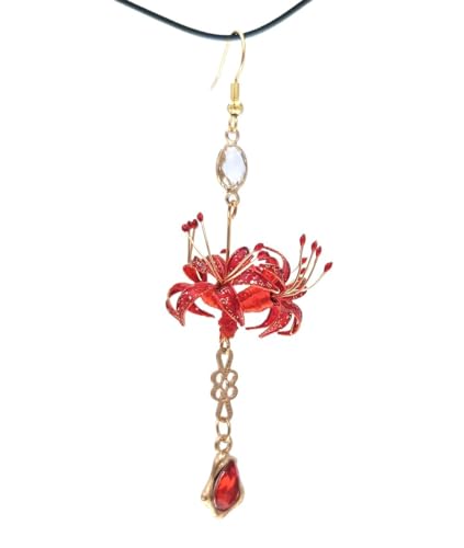 Image of Handmade Women Lycoris Radiata Flower Dangle Earrings, Red Floral Drop Earrings with Beads Accents, Gold Tone Chain, Ancient Hanfu Kimono Style Jewelry for Bridal Wedding Party Cosplay