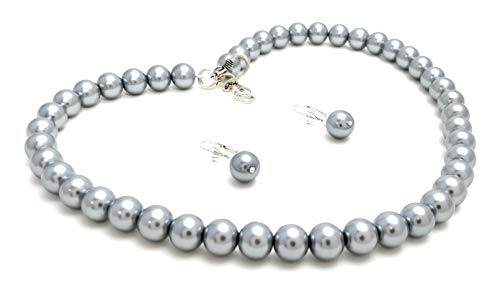 Taruna Biyani Silver Gray Imitation Pearl 10mm Bead Size Strand Necklace Mala Set for Women (PS106)