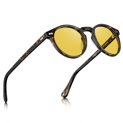 CARFIA Retro Night Vision Glasses for Men - Acetate Round Night Driving Glasses, Reduce Headlight Glare & Enhance Clarity