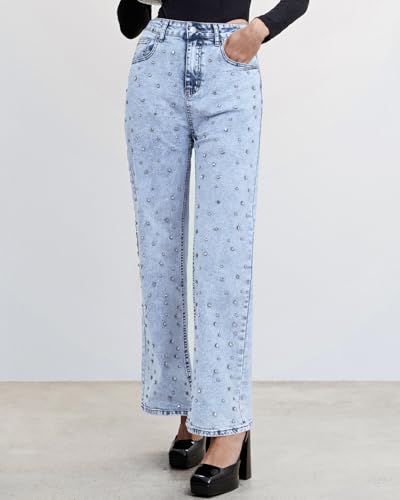 Kedera Women's Wide Leg Jeans Rhinestone Bling Jeans High Waisted Denim Pants4