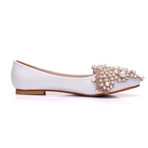 Women Flat Shoes, White Pearl Rhinestones Bridal Shoes Shallow Mouth Comfortable Low Heeled Party Dance Photo Casual Shoes Adult, 39 EU,White2
