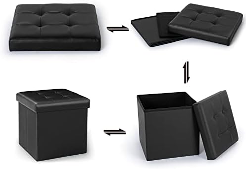 Bonlife 12.6" Black Folding Storage Ottoman Box Footstool,Faux Leather Storage Box with Lid Toy Chest Cube Foot Rest Seat, 32x32x32cm