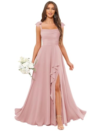 VGZ Spaghetti Straps Bridesmaid Dresses for Women Chiffon Long A Line Formal Evening Gown with Slit