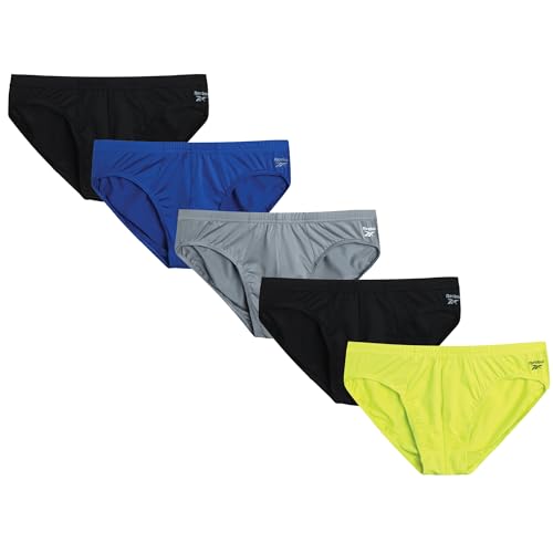 Reebok Mens Low Rise Briefs - 5 Pack Athletic Performance Mens Underwear Briefs with Contour Support Pouch for Gym Daily Wear, Size Medium, Black/Surf the Web/Primrose/Monument/Black