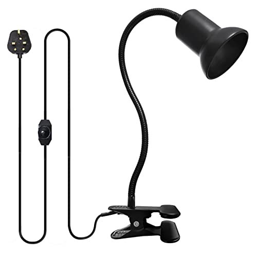 WEEVDRIE E27 Clip Desk Lamp,360° Rotating Ceramic Spotlight,Basking Lamp Reptiles w/ 220CM Cord,E27 Adjustable Turtle Light Holder Flexible Reptile Lamp Fixture Lizards Turtles,Black (R70149.TB)