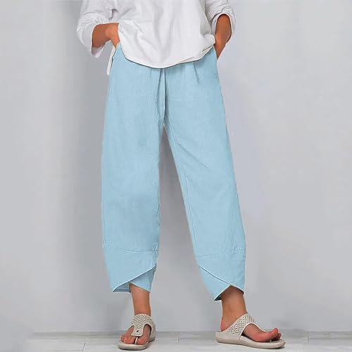 Image of DMOYALA Linen Pants for Women Summer Casual Wide Leg Capri Pants Loose Fit Palazzo Pants Cropped Beach Pants with Pockets