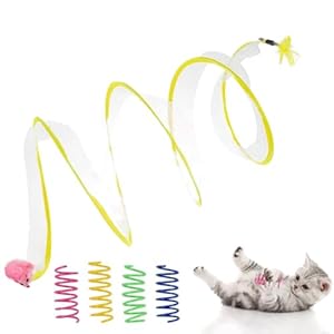 Shopipistic Foldable Cat Tunnel Toy, Stress-Relieving Fun Interactive Cat Toy, Collapsible Cat Donut Tunnel with Bell, Feather, Colorful Mice, and 4 pcs Spiral Spring Toy for Indoor Cat, Yellow