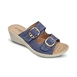 Womens Wide Fit Wedge Sandals EEE Fitting Twin Buckle Open Toe Strap Slip On Mule Beach Holiday Ladies Summer Massage Footbed (Navy, UK Footwear Size System, Adult, Women, Numeric, Wide, 6)