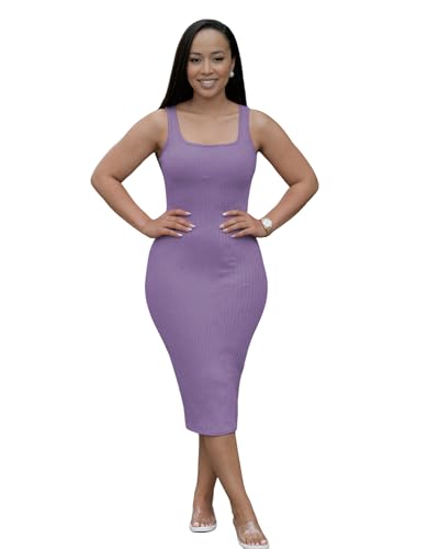 Image of TOPSRANI Women Sexy Midi Dress Bodycon Casual Sleeveless Basic Ruched Tank Summer Club Party Dresses