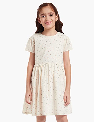 Image of Amazon Brand - Jam & Honey Girl's 100% Soft & Pure Cotton Comfortable and Stylish Printed Woven Dress with Short Sleeves and Belt - Perfect for Every Occasion