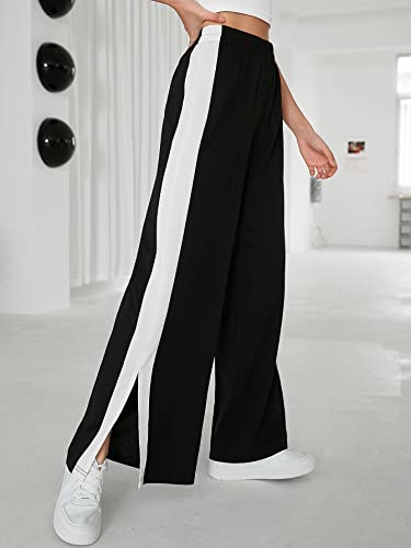 Image of Paralians Women Bottom Wear Side Seam Split Hem Polyester Sweatpants with Trendy Black and White Design Wide Leg Pants with Elegant and Relaxed Fit