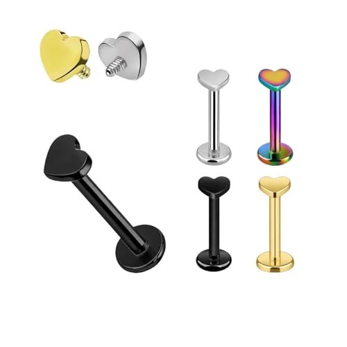 Image of AZTAZ Titanium G23 Internally Threaded Heart Nose or Lip Labret or Earring - High Polish 16G for Ear, Helix, Tragus. Hypoallergenic 4 mm Flat Back Base, 7-10 mm Length