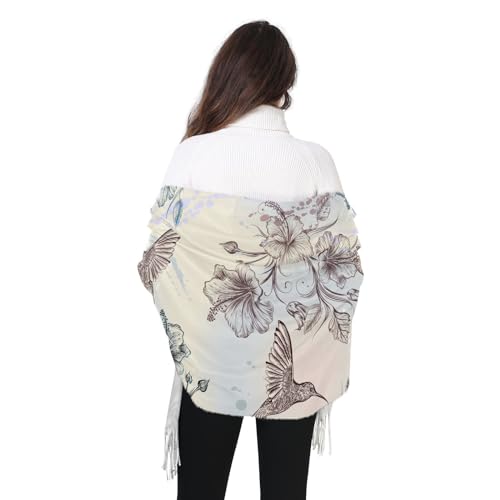 VIGTRO Hummingbirds Flowers Vintage Pashmina Shawl Wrap for Women and Men, Sketch Floral Soft Winter Warm Scarf with Tassels for Evening Dress2