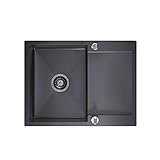 CECIPA Frigg S | Fregadero cocina inox 60*45 cm con escurridor para muebles bajos 40cm | Incluye válvula automática, rebosadero y sifón ahorrar espacio | Sobre encimera y enrasado | Gunmetal Negro.