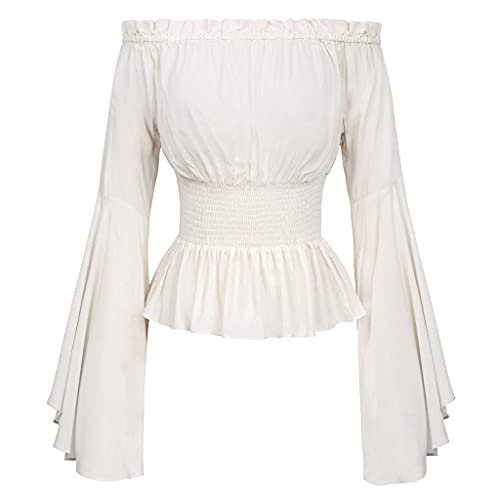 Damen Gothic Renaissance Bluse Flare Ärmel Rüschen Schulterfrei Korsett...