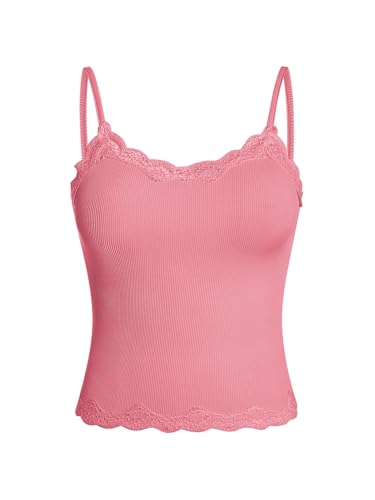 Image of SOLY HUX Girl's Lace Trim Camisoles Ribbed Spaghetti Strap Crop Tank Tops | Sleeveless, Teen Girl Top, Summer Top
