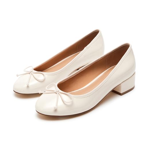 Women Ballet Pumps Round Toe Low Block Heel Slip on Ballerinas Walking Dating Party Daily Dress Shoes with Bow