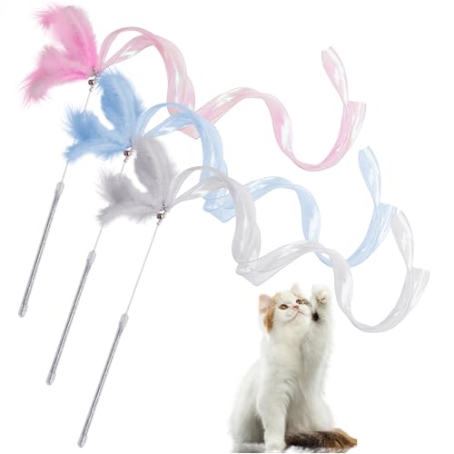 Pawfect Tail Cat Wand Toys, 3Pcs Interactive Kitten Wand Toys for Bored Indoor Cats, Cat Teaser Wand with Bell and Long Ribbon