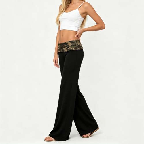 Image of Lounge Yoga Pants for Women Fold Over Low Waist Wide Leg Bell Bottoms | Y2K Foldover Pants, Flare Leggings, Low Rise Yoga Sweatpants
