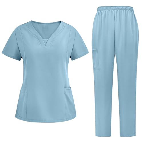 TRIGLICOLEUM Juego de casaca unisex con casaca y pantalones. Conjunto de ropa médica para hospitales, uniformes, ropa de trabajo, ropa de enfermera, azul claro, XXL